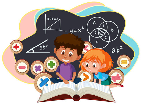 Children learning math with math symbol and icon