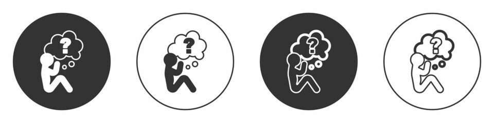 Black Human head with question mark icon isolated on white background. Circle button. Vector
