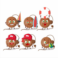 Happy Face firecracker ball cartoon character playing on a beach