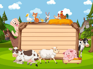 Empty wooden board with various wild animals in the forest