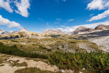 Fototapeta na wymiar Panorama of Sesto or Sexten Dolomites from Tre Cime di Lavaredo or Drei Zinnen, Dolomiti Di Sesto Natural Park, UNESCO world heritage site, Bolzano, Dobbiaco, Trentino-Alto Adige, Italy, Europe.