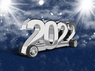 Silver number 2022 on wheels to celebrate the new year.