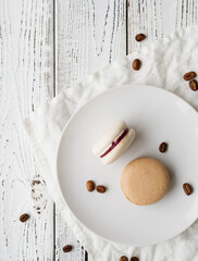 Flat lay macarons on the wooden table