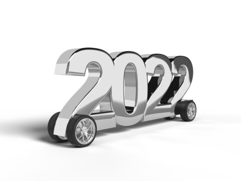 Silver number 2022 on wheels to celebrate the new year.