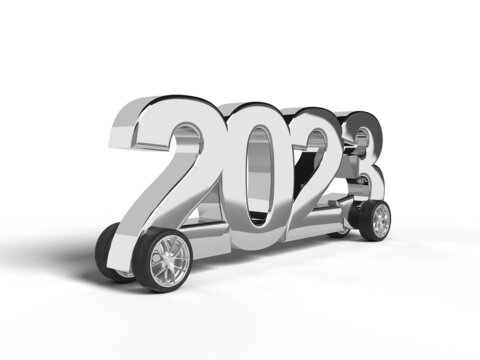 Silver number 2023 on wheels to celebrate the new year.