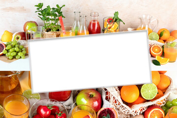 Collage food of Fresh and healthy home made juices, fruits and vegetables on light wooden background.