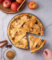 Top view of homemade apple pie on wooden table