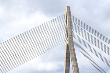 Close details of old large suspension bridge.
