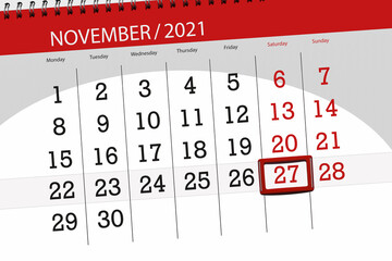 Calendar planner for the month november 2021, deadline day, 27, saturday