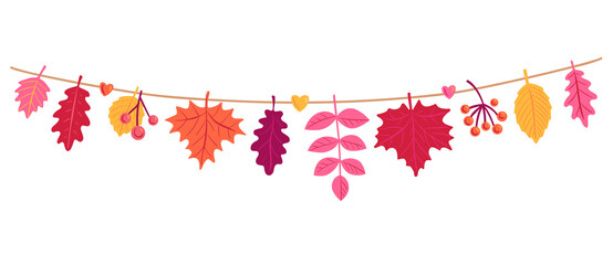 Beautiful autumn leaves hanging on a string. Colorful seasonal garland with maple and oak leaves. Fall Season horizontal template for banner, poster, card. Hand drawn illustration isolated on a white.