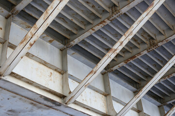 Fototapeta na wymiar Close-up shot of old metal mesh bridge construction with signs of rust.