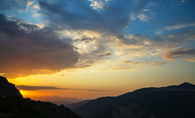 A beautiful dawn over the mountains in Tatev