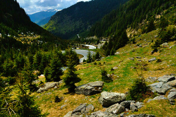 Fototapeta na wymiar A picturesque mountain road high in the mountains of Romania.