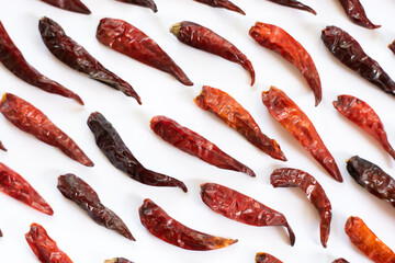 Dry red chilies on white background.