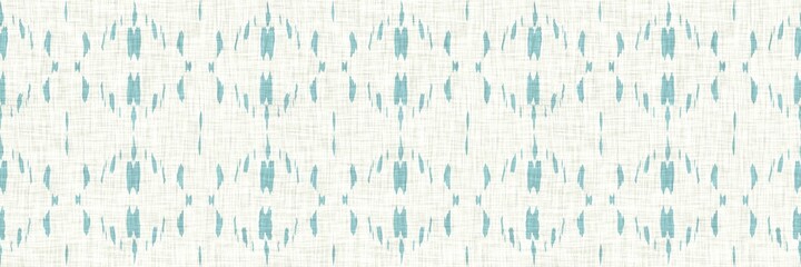 Aegean teal geometric border strip linen texture background. Summer coastal living style home decor fabric effect. Sea green wash grunge edge material. Decorative textile geo seamless pattern banner.