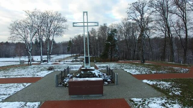 Close Aerial Of Cross Monument In Winter