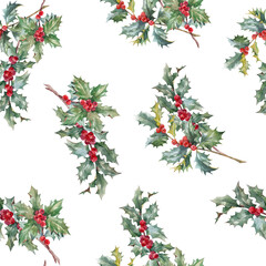 Beautiful floral christmas seamless pattern with hand drawn watercolor holly branches. Stock 2022 winter illustration.