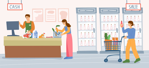 Supermarket background. Market staff and customers counting goods. Customer pushing a shopping cart. flat design style vector illustration.