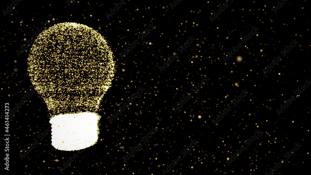 Poster Illustration of yellow lightbulb with dots on dark background with gold bokeh. Future technology, innovation background, creative idea concept. 3d rendering.