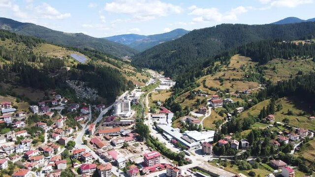 Aerial view of the famous Bulgarian ski resort Chepelare, Smolyan Region, Bulgaria