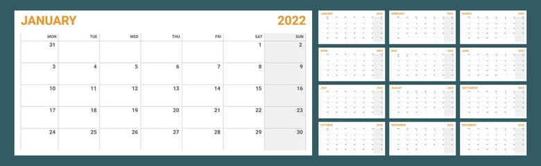 2022 year Calendar template. Planner diary in a minimalism style. Corporate and business calendar. Organizer. Monthly calendar. Daily planner. week start Sunday	