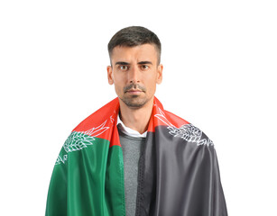 Muslim man with flag of Afghanistan on white background