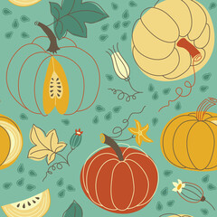 Pumpkins - vector illustration, seamless pattern. Background for fabric, textile, wallpaper, posters, gift wrapping paper, napkins, packaging, tablecloths. Scandinavian style. 