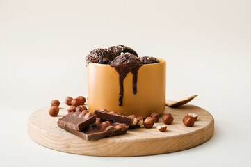 Bowl with delicious chocolate ice cream and hazelnuts on light background