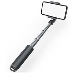 Realistic smartphone with blank white screen and selfie stick isolated on white
