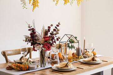 Beautiful table setting for Thanksgiving Day dinner at home - Powered by Adobe
