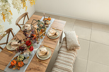 Beautiful table setting for Thanksgiving Day dinner at home