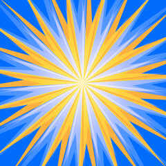 Sun rays or explosion comic radial boom banner. Abstract yellow rays of light spread from the center on blue background. Sunburst frame design in comics, pop art style. Retro jpeg illustration