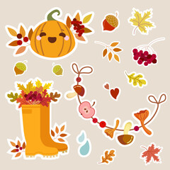 Isolated icons, stickers.Cozy autumn. Set of cute autumn elements: autumn leaves, pumpkin, acorn, maple. Hygge vector illustration.