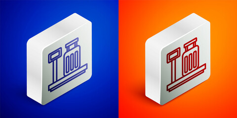 Isometric line Scale with suitcase icon isolated on blue and orange background. Logistic and delivery. Weight of delivery package on a scale. Silver square button. Vector