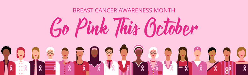 Go pink this October lettering. Breast cancer awareness month. Cancer prevention and women support vector medical concept. Pink October web banner. Group of women of diverse age, ethnicity and occupat - obrazy, fototapety, plakaty