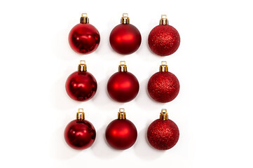 Red Christmas decorations on a white background. flat lay. Holiday concept
