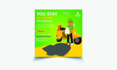 Food Social Media Banner for marketing, Restaurant promotion post, healthy green food sale banner, vegan restaurant discount square template