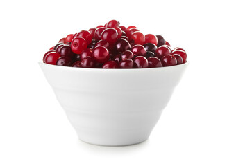Bowl of ripe cranberries on white background