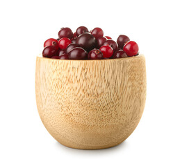 Bowl of ripe cranberries on white background