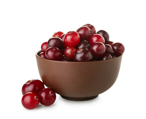 Bowl of ripe cranberries on white background
