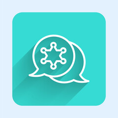 White line Hexagram sheriff icon isolated with long shadow background. Police badge icon. Green square button. Vector