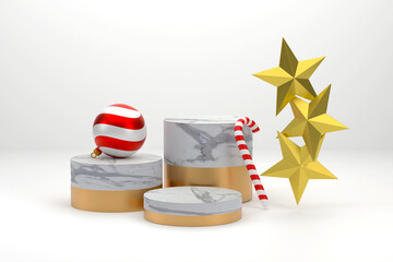 marble podium for display For the Christmas season, Christmas balls, candy canes and stars.