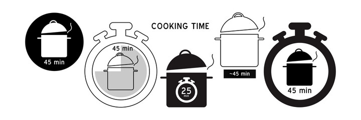 Meal Timer logo design. 5 minutes cook in boiling saucepan, fry pan,  microwave watt and oven cooker.