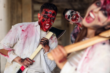 Scary zombies in ruined building