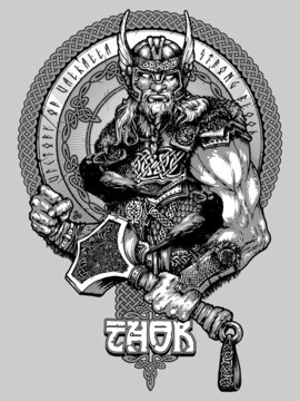 Thor. Hand-drawn tattoo drawing and design for T-shirt