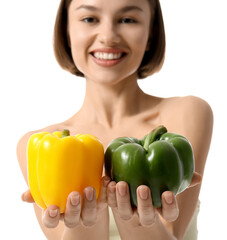 Naked young woman with bell pepper on white background. Vegan Day