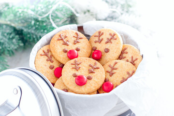 Rudolph's Christmas cookies in a metal jar with the inscription 