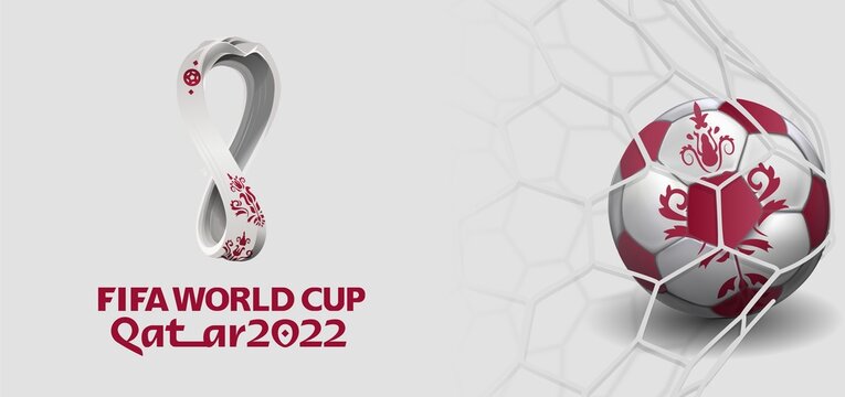 KHARKIV, UKRAINE - JULY 19, 2019: Illustrative editorial of Qatar 2022 logo on white with soccer ball in the goal. FIFA World Cup 2022. Banner on the theme of world championship in Qatar 2022.