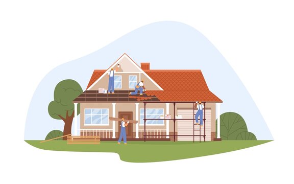 Builders work at house renovation. Workers repairing building facade. People putting roof tiles, painting wall outside home. Restoration process. Flat vector illustration isolated on white background