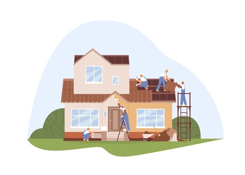 Workers at house repair and renovation. Builders work outside. People in uniform painting walls and decorating roof. Reconstruction of building facade. Flat vector illustration isolated on white